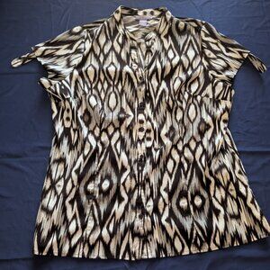 Laura Scott Women's short sleeve button front V-Neck Brown/White 18W